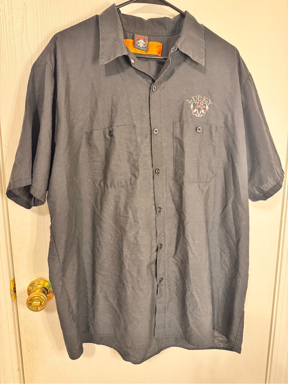 Lucky 13 Red Kap Pistolera Sugar Skull Pinup Girl Black Mens XL Button Up Shirt